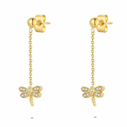 Boucles D’oreilles | Boucles D’Oreilles en Acier Poli Couleur Or, Libellule Sur Chaîne Blanc – Femmes Bijoux Blanc