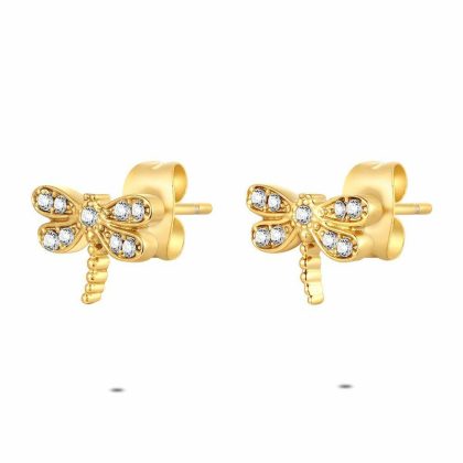 Boucles D’oreilles | Boucles D’Oreilles en Acier Poli Couleur Or, Libellules, Cristaux Blanc – Femmes Bijoux Blanc