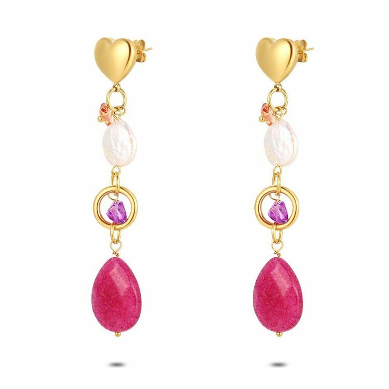 Boucles D’oreilles | Boucles D’Oreilles en Acier Poli Couleur Or, Longue Boucle Avec Coeur Rose – Femmes Bijoux Boucles D'oreilles