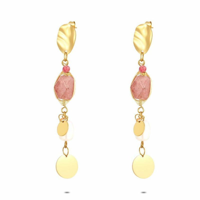 Boucles D’oreilles | Boucles D’Oreilles en Acier Poli Couleur Or, Longue Boucle Avec Perle Rose – Femmes Bijoux Boucles D'oreilles