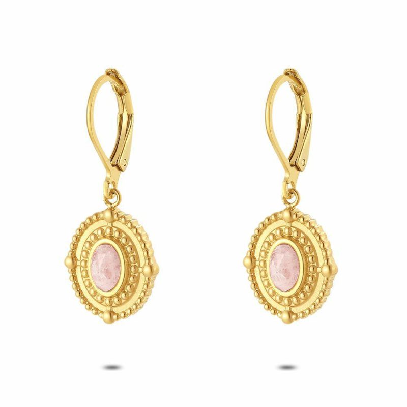 Boucles D’oreilles | Boucles D’Oreilles en Acier Poli Couleur Or, Médaillon Rose – Femmes Bijoux Boucles D'oreilles