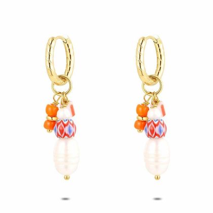 Boucles D’oreilles | Boucles D’Oreilles en Acier Poli Couleur Or, Orange et Perle Multi – Femmes Bijoux Boucles D'oreilles