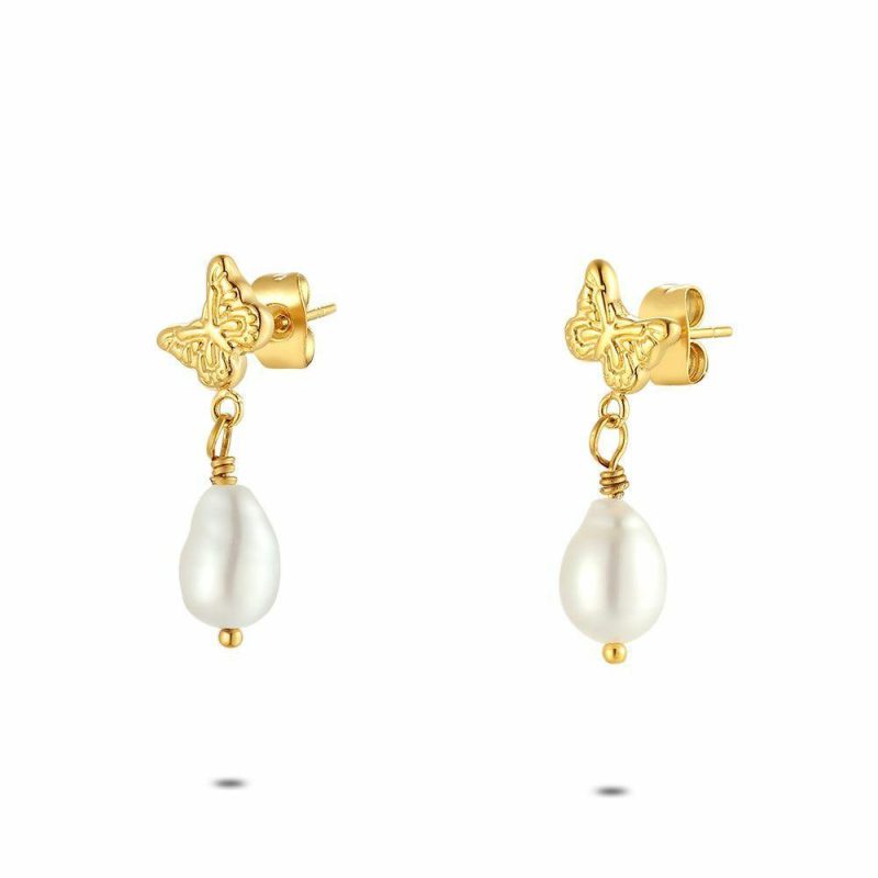 Boucles D’oreilles | Boucles D’Oreilles en Acier Poli Couleur Or, Papillon Blanc – Femmes Bijoux Blanc