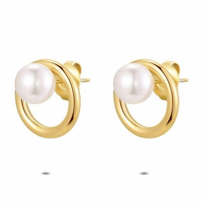 Boucles D’oreilles | Boucles D’Oreilles en Acier Poli Couleur Or, Perle Blanc – Femmes Bijoux Blanc