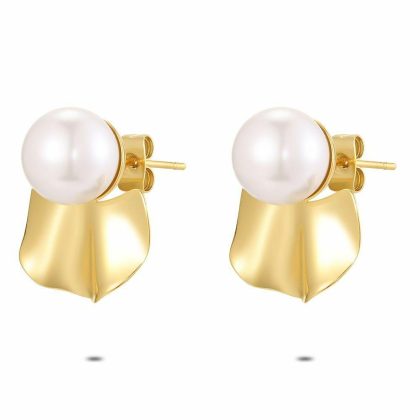 Boucles D’oreilles | Boucles D’Oreilles en Acier Poli Couleur Or, Perle Blanc – Femmes Bijoux Blanc