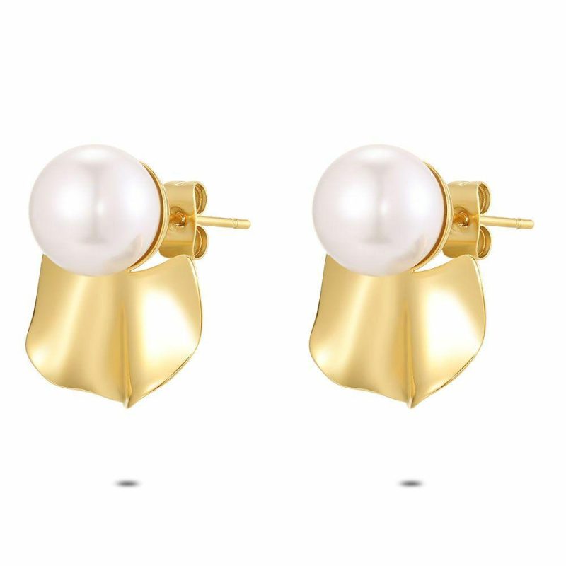 Boucles D’oreilles | Boucles D’Oreilles en Acier Poli Couleur Or, Perle Blanc – Femmes Bijoux Blanc