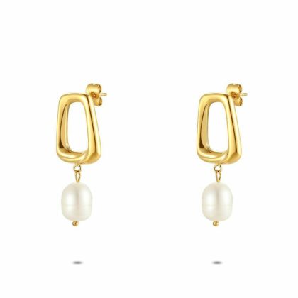 Boucles D’oreilles | Boucles D’Oreilles en Acier Poli Couleur Or, Perle D’Eau Douce Blanc – Femmes Bijoux Blanc