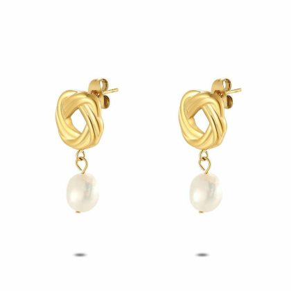 Boucles D’oreilles | Boucles D’Oreilles en Acier Poli Couleur Or, Perle D’Eau Douce Blanc – Femmes Bijoux Blanc