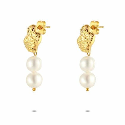 Boucles D’oreilles | Boucles D’Oreilles en Acier Poli Couleur Or, Perles D’Eau Douce Blanc – Femmes Bijoux Blanc