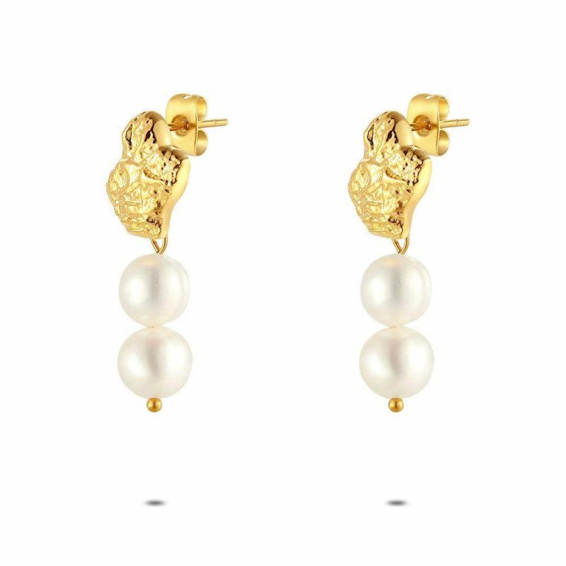 Boucles D’oreilles | Boucles D’Oreilles en Acier Poli Couleur Or, Perles D’Eau Douce Blanc – Femmes Bijoux Blanc