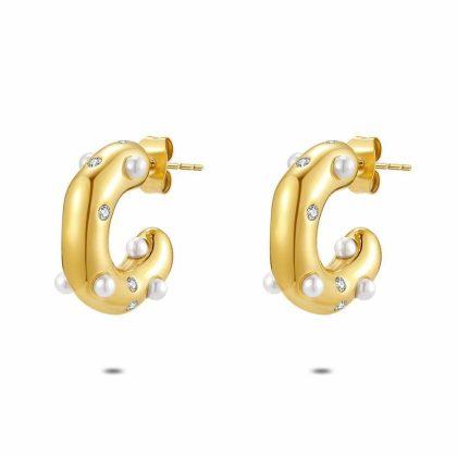 Boucles D’oreilles | Boucles D’Oreilles en Acier Poli Couleur Or, Perles et Pierres Blanc – Femmes Bijoux Blanc