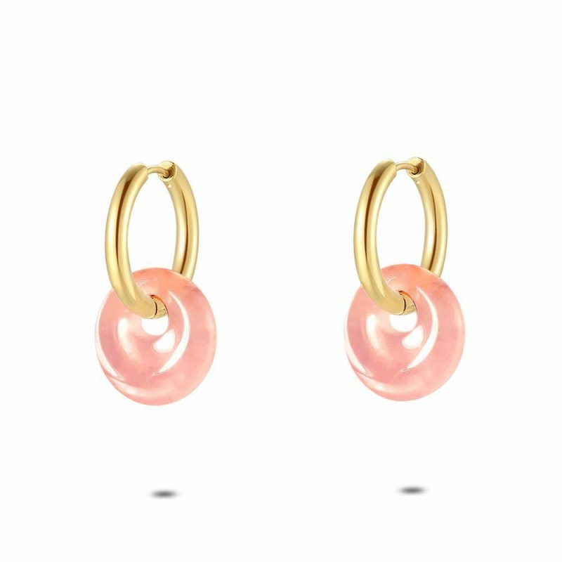 Boucles D’oreilles | Boucles D’Oreilles en Acier Poli Couleur Or, Pierre Rose Rose – Femmes Bijoux Boucles D'oreilles