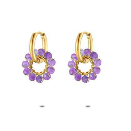 Boucles D’oreilles | Boucles D’Oreilles en Acier Poli Couleur Or, Pierres Mauves Mauve – Femmes Bijoux Boucles D'oreilles