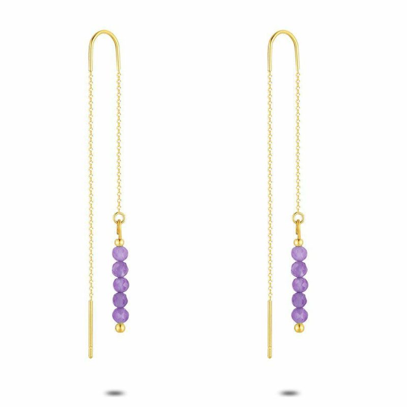 Boucles D’oreilles | Boucles D’Oreilles en Acier Poli Couleur Or, Pierres Mauves Sur Chaine Mauve – Femmes Bijoux Boucles D'oreilles