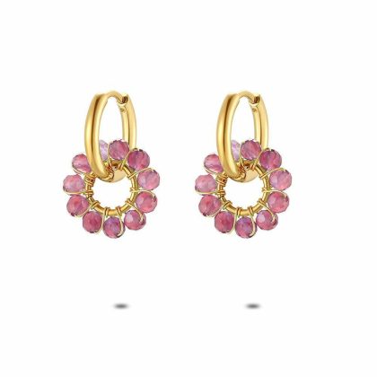 Boucles D’oreilles | Boucles D’Oreilles en Acier Poli Couleur Or, Pierres Roses Rose – Femmes Bijoux Boucles D'oreilles