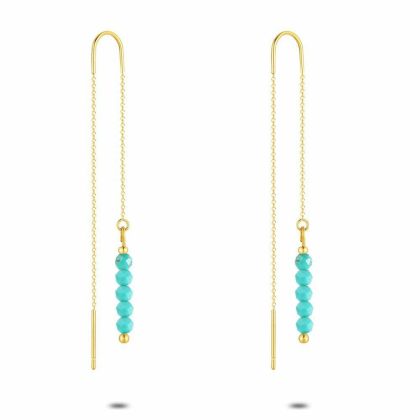 Boucles D’oreilles | Boucles D’Oreilles en Acier Poli Couleur Or, Pierres Turquoises Sur Chaine Turquoise – Femmes Bijoux Boucles D'oreilles