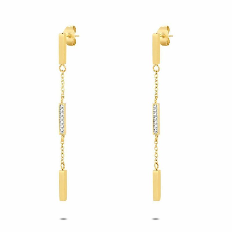 Boucles D’oreilles | Boucles D’Oreilles en Acier Poli Couleur Or, Rectangles, Pierres Blanc – Femmes Bijoux Blanc