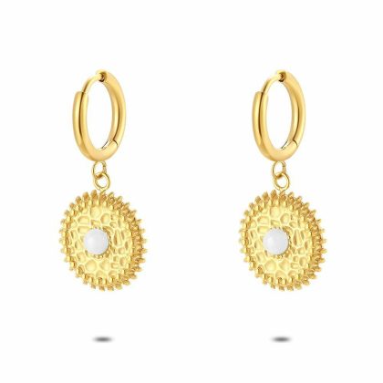 Boucles D’oreilles | Boucles D’Oreilles en Acier Poli Couleur Or, Rond Blanc – Femmes Bijoux Blanc