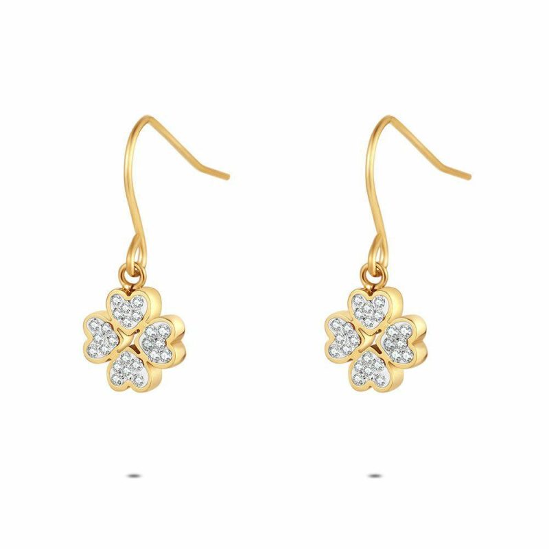 Boucles D’oreilles | Boucles D’Oreilles en Acier Poli Couleur Or, Trèfle, Cristaux Blanc – Femmes Bijoux Blanc