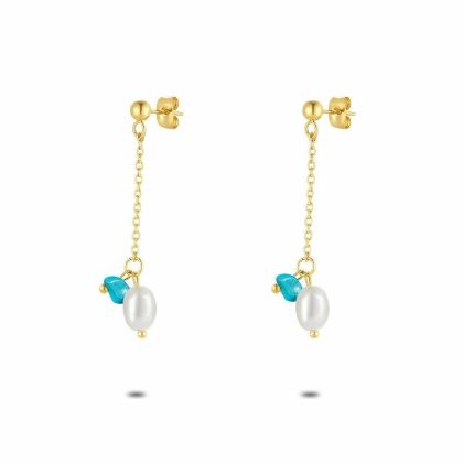 Boucles D’oreilles | Boucles D’Oreilles en Acier Poli Couleur Or, Turquoise et Perle Turquoise – Femmes Bijoux Boucles D'oreilles