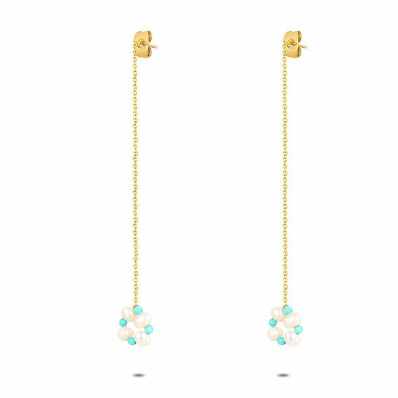 Boucles D’oreilles | Boucles D’Oreilles en Acier Poli Couleur Or, Turquoise et Perles Multi – Femmes Bijoux Boucles D'oreilles