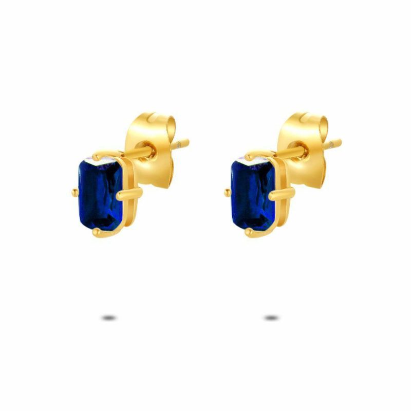 Boucles D’oreilles | Boucles D’Oreilles en Acier Poli Couleur Or, Zirconia Bleu Rectangulaire Bleu – Femmes Bijoux Bleu