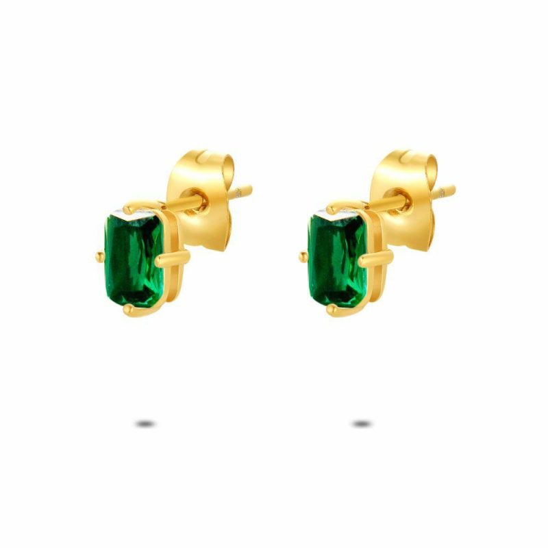 Boucles D’oreilles | Boucles D’Oreilles en Acier Poli Couleur Or, Zirconia Vert Rectangulaire Vert – Femmes Bijoux Boucles D'oreilles