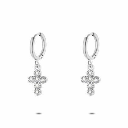 Boucles D’oreilles | Boucles D’Oreilles en Acier Poli, Croix, Cristaux Blanc – Femmes Bijoux Blanc