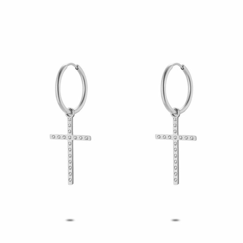 Boucles D’oreilles | Boucles D’Oreilles en Acier Poli, Croix, Cristaux Blanc – Femmes Bijoux Blanc