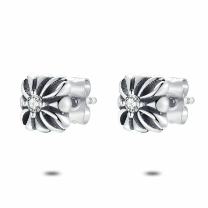 Boucles D’oreilles | Boucles D’Oreilles en Acier Poli, Fleur Carrée, 1 Zircone Blanc Blanc – Hommes Bijoux Blanc