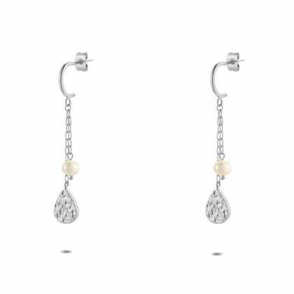 Boucles D’oreilles | Boucles D’Oreilles en Acier Poli, Goutte et Perle Blanc – Femmes Bijoux Blanc