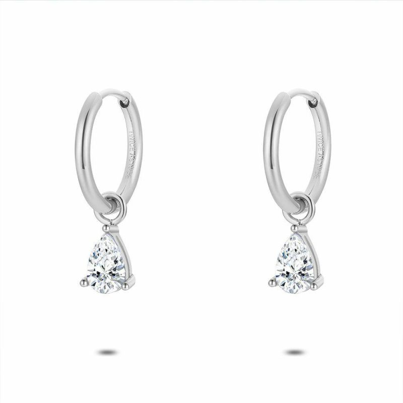 Boucles D’oreilles | Boucles D’Oreilles en Acier Poli, Goutte, Zirconia Blanc Blanc – Femmes Bijoux Blanc