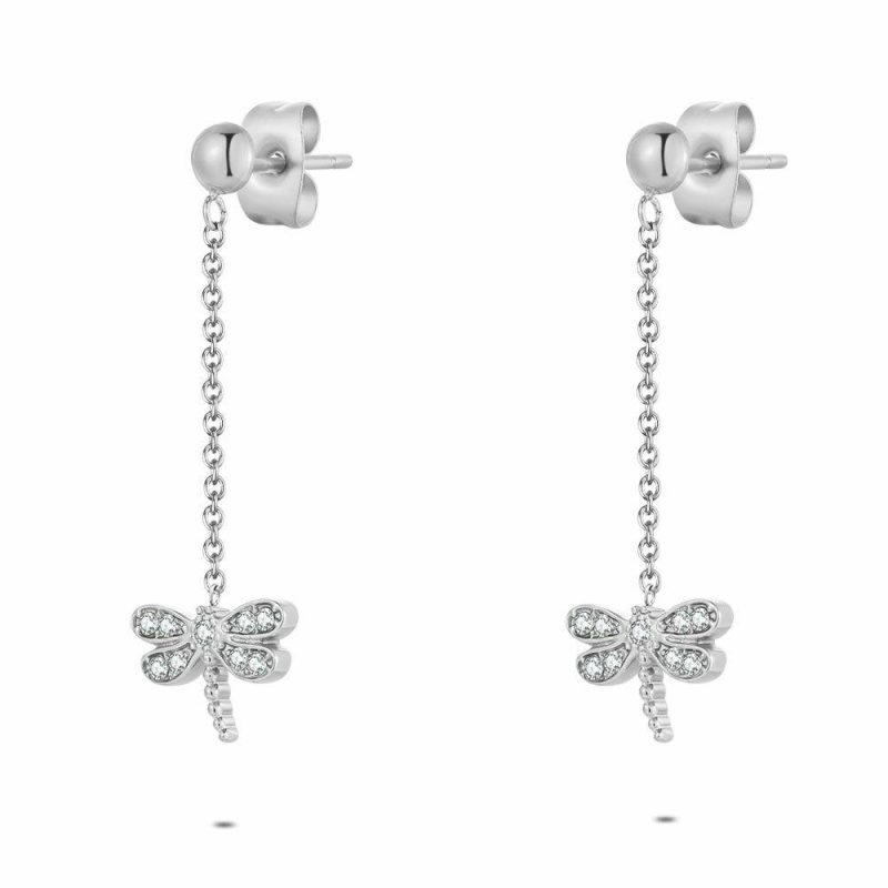 Boucles D’oreilles | Boucles D’Oreilles en Acier Poli, Libellule, Pierres Blanc – Femmes Bijoux Blanc