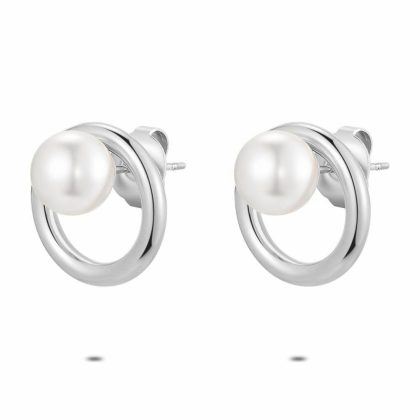 Boucles D’oreilles | Boucles D’Oreilles en Acier Poli, Perle Blanc – Femmes Bijoux Blanc