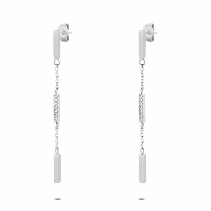 Boucles D’oreilles | Boucles D’Oreilles en Acier Poli, Rectangles, Pierres Blanc – Femmes Bijoux Blanc