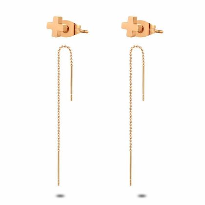 Boucles D’oreilles | Boucles D’Oreilles en Acier Poli Rosé, Croix, Chaine Avec Tiges – Femmes Bijoux Boucles D'oreilles