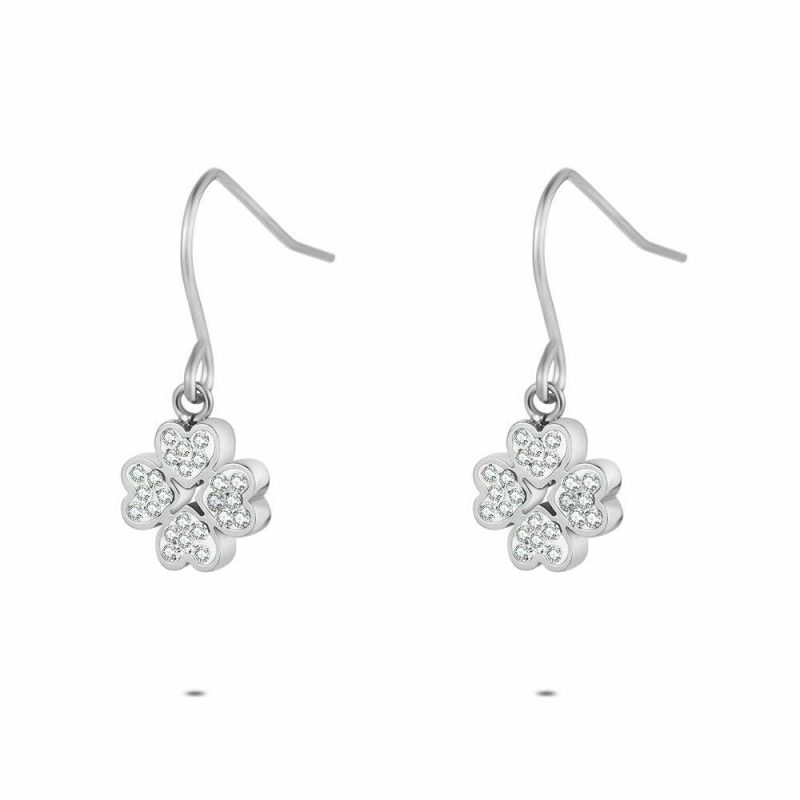 Boucles D’oreilles | Boucles D’Oreilles en Acier Poli, Trèfle Avec Pierres Blanc – Enfants/Femmes Bijoux Blanc