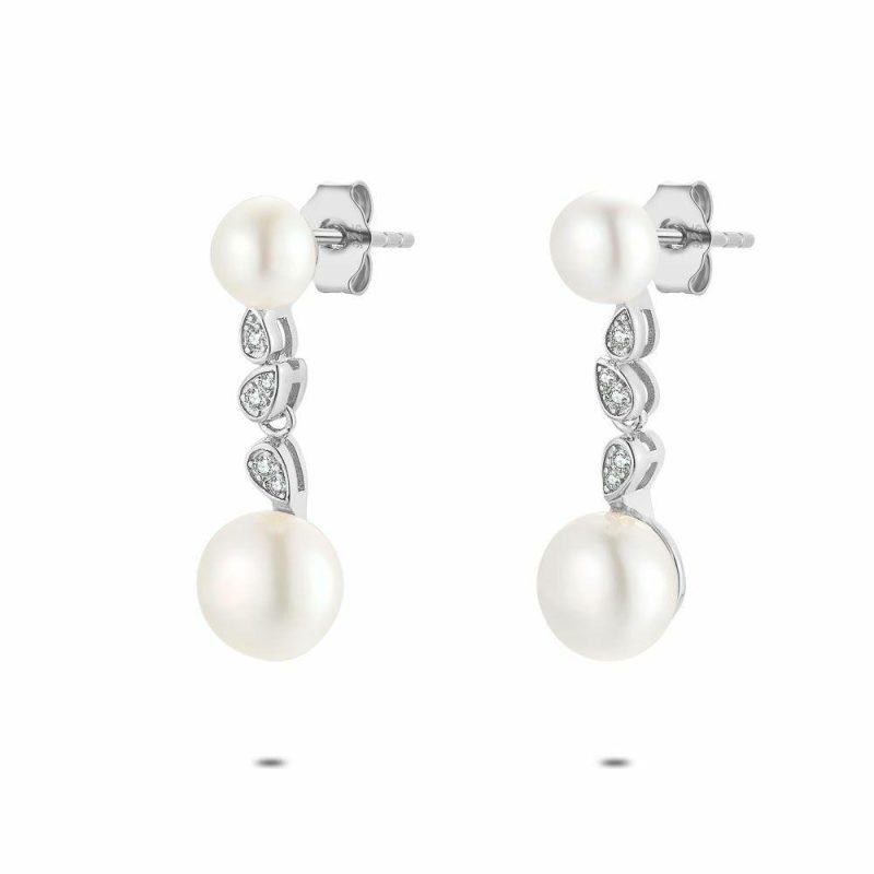 Boucles D’oreilles | Boucles D’Oreilles en Argent, 2 Perles D’Eau Douce Blanc – Femmes Bijoux Blanc