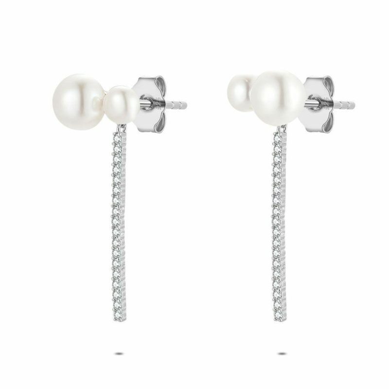 Boucles D’oreilles | Boucles D’Oreilles en Argent, 2 Perles et Rangée de Pierres Blanc – Femmes Bijoux Blanc