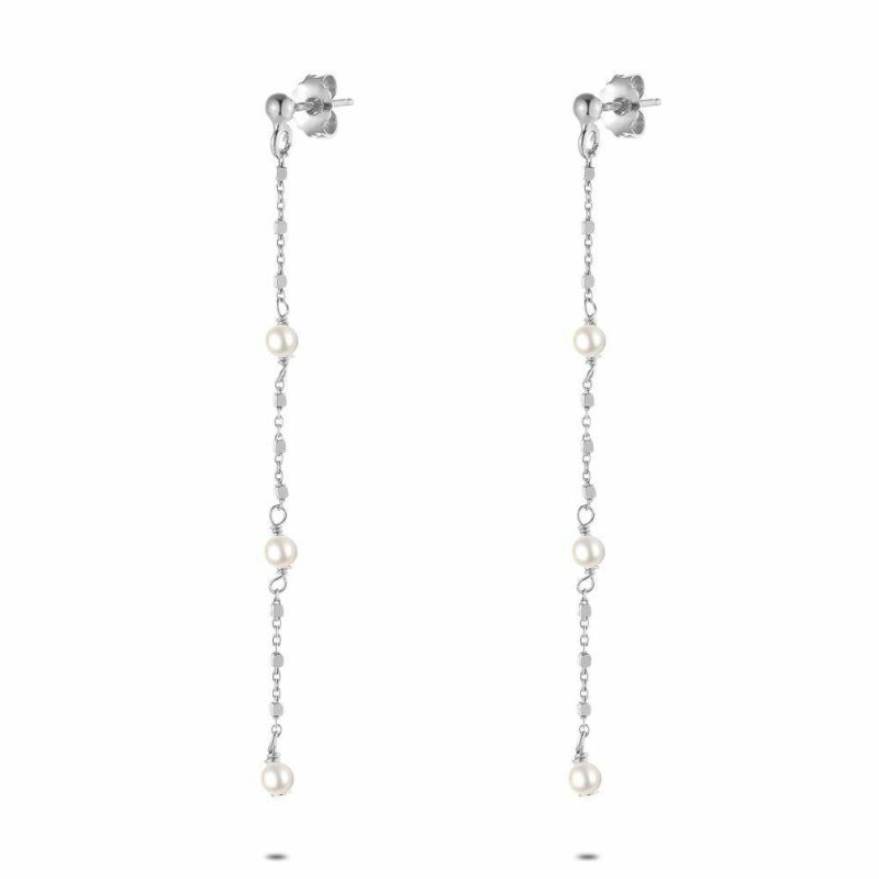 Boucles D’oreilles | Boucles D’Oreilles en Argent, 3 Perles Blanches Blanc – Femmes Bijoux Blanc