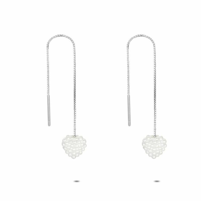 Boucles D’oreilles | Boucles D’Oreilles en Argent, Coeur Pendant, Micro Perles Blanc – Femmes Bijoux Blanc