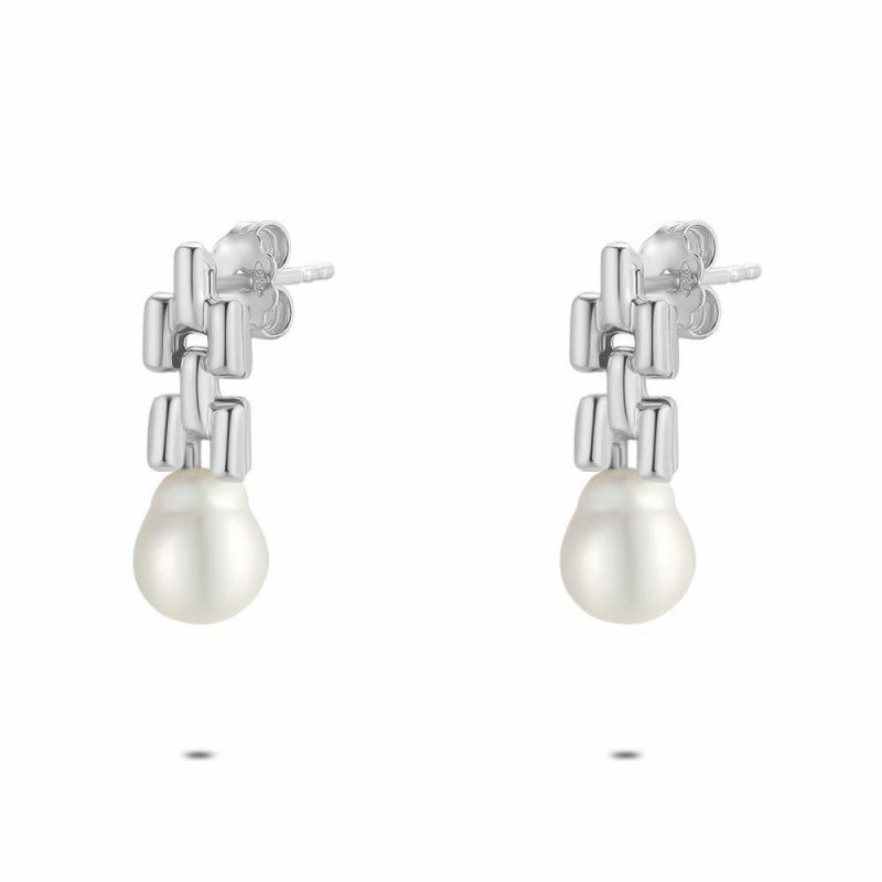 Boucles D’oreilles | Boucles D’Oreilles en Argent, Maillons et Perle Blanc – Femmes Bijoux Blanc