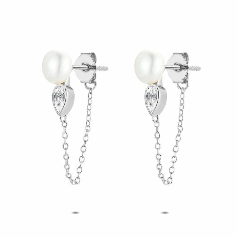 Boucles D’oreilles | Boucles D’Oreilles en Argent, Perle D’Eau Douce Blanc – Femmes Bijoux Blanc