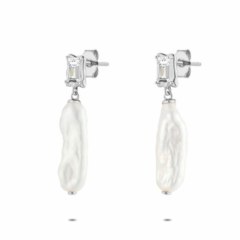 Boucles D’oreilles | Boucles D’Oreilles en Argent, Perle Rectangulaire Blanc – Femmes Bijoux Blanc