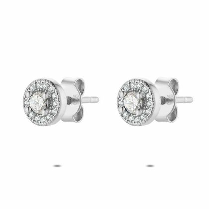 Boucles D’oreilles | Boucles D’Oreilles en Argent, Pierre Ronde Entourée Blanc – Femmes Bijoux Blanc