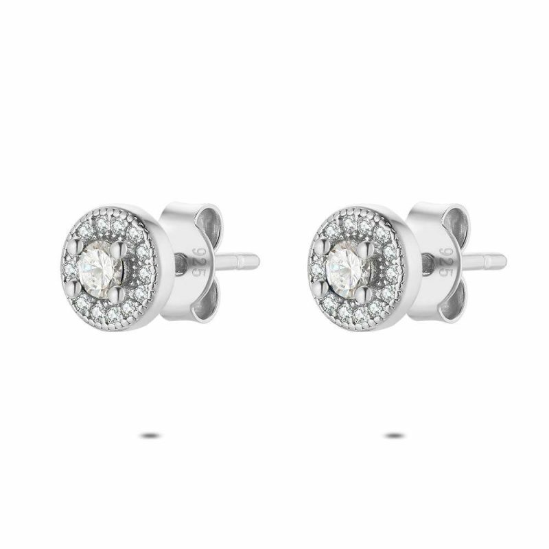 Boucles D’oreilles | Boucles D’Oreilles en Argent, Pierre Ronde Entourée Blanc – Femmes Bijoux Blanc