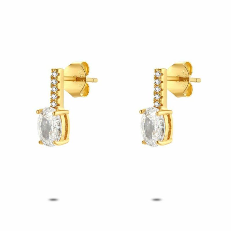 Boucles D’oreilles | Boucles D’Oreilles en Argent Plaqué Or 18Ct, 1 Grande Pierre et 5 Petites Blanc – Femmes Bijoux Blanc