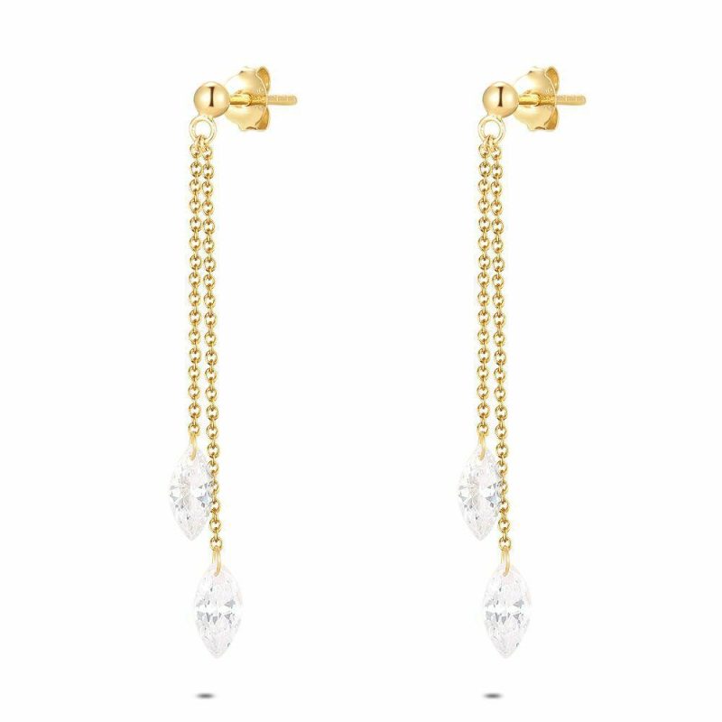 Boucles D’oreilles | Boucles D’Oreilles en Argent Plaqué Or 18Ct, 2 Chaînes, 2 Pierres Blanc – Femmes Bijoux Blanc