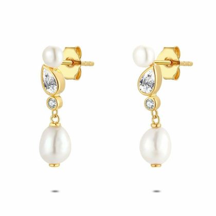 Boucles D’oreilles | Boucles D’Oreilles en Argent Plaqué Or 18Ct, 2 Perles, Pierres Blanc – Femmes Bijoux Blanc