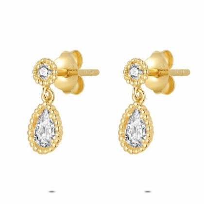 Boucles D’oreilles | Boucles D’Oreilles en Argent Plaqué Or 18Ct, 2 Pierres Blanc – Femmes Bijoux Blanc